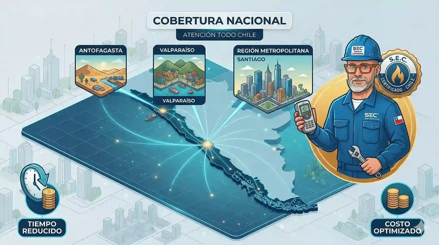 Cobertura nacional de servicios de gasfiter autorizado SEC en Región Metropolitana Valparaíso y Antofagasta