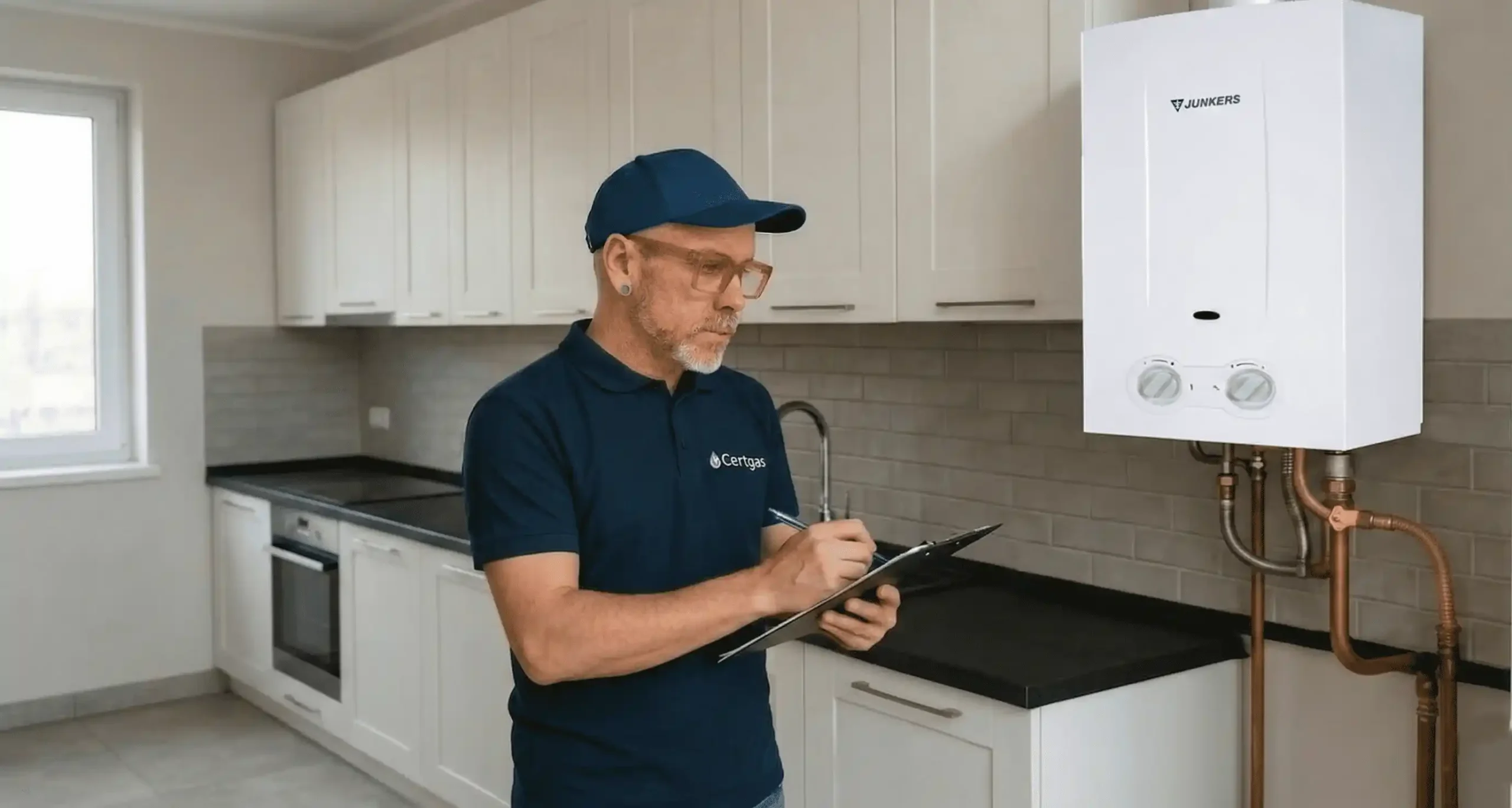 Gasfiter autorizado SEC revisando calefón en instalación de gas