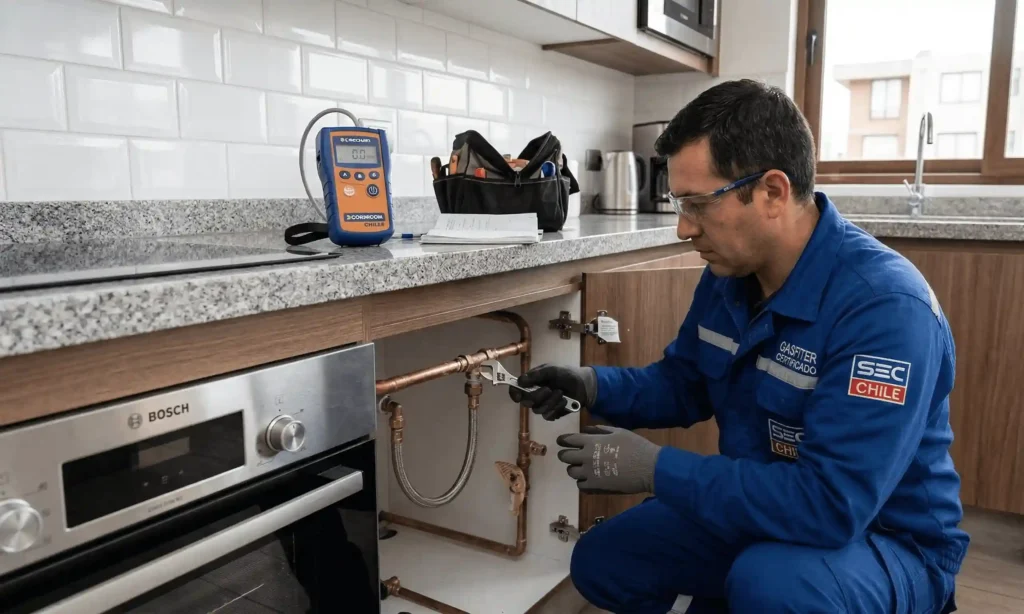 Gasfiter certificado revisando una instalación de gas domiciliaria para verificar seguridad y posibles fugas.