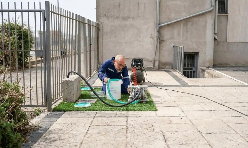 Técnico operando una bomba neumática de doble diafragma para llenar de prodoral r6-1 una red de gas