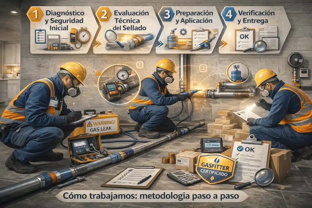 Técnicos certificados realizando diagnóstico, evaluación, aplicación y verificación en una red de gas, representando el proceso paso a paso del sellado con Prodoral.