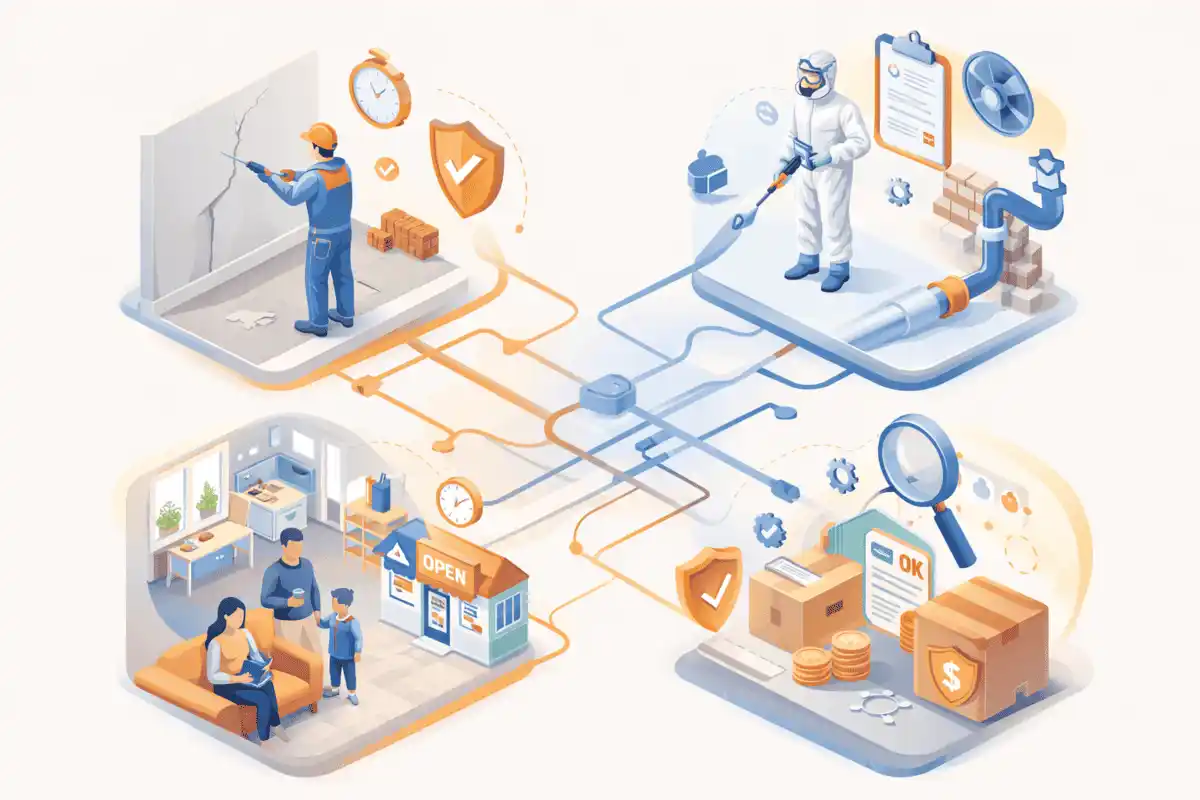Ilustración isométrica sobre los beneficios del sellado con Prodoral, con escenas de aplicación técnica, seguridad, continuidad operativa y optimización de costos en instalaciones de gas.