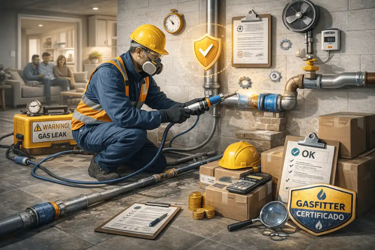 Técnico certificado evaluando y sellando una fuga de gas en una instalación domiciliaria, representando cuándo el sellado con Prodoral puede ser una solución viable tras diagnóstico profesional.